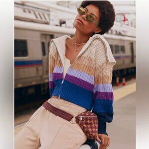 Aerie Women's XS Double Zip Colorblock Cardigan Sweater 248 100% Cotton NWT